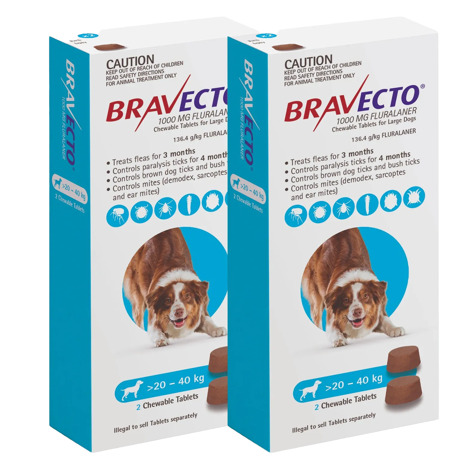 Bravecto 3-Month Chews for Large Dogs 20-40kg (Blue) - 2 x 2 Chew Value Bundle