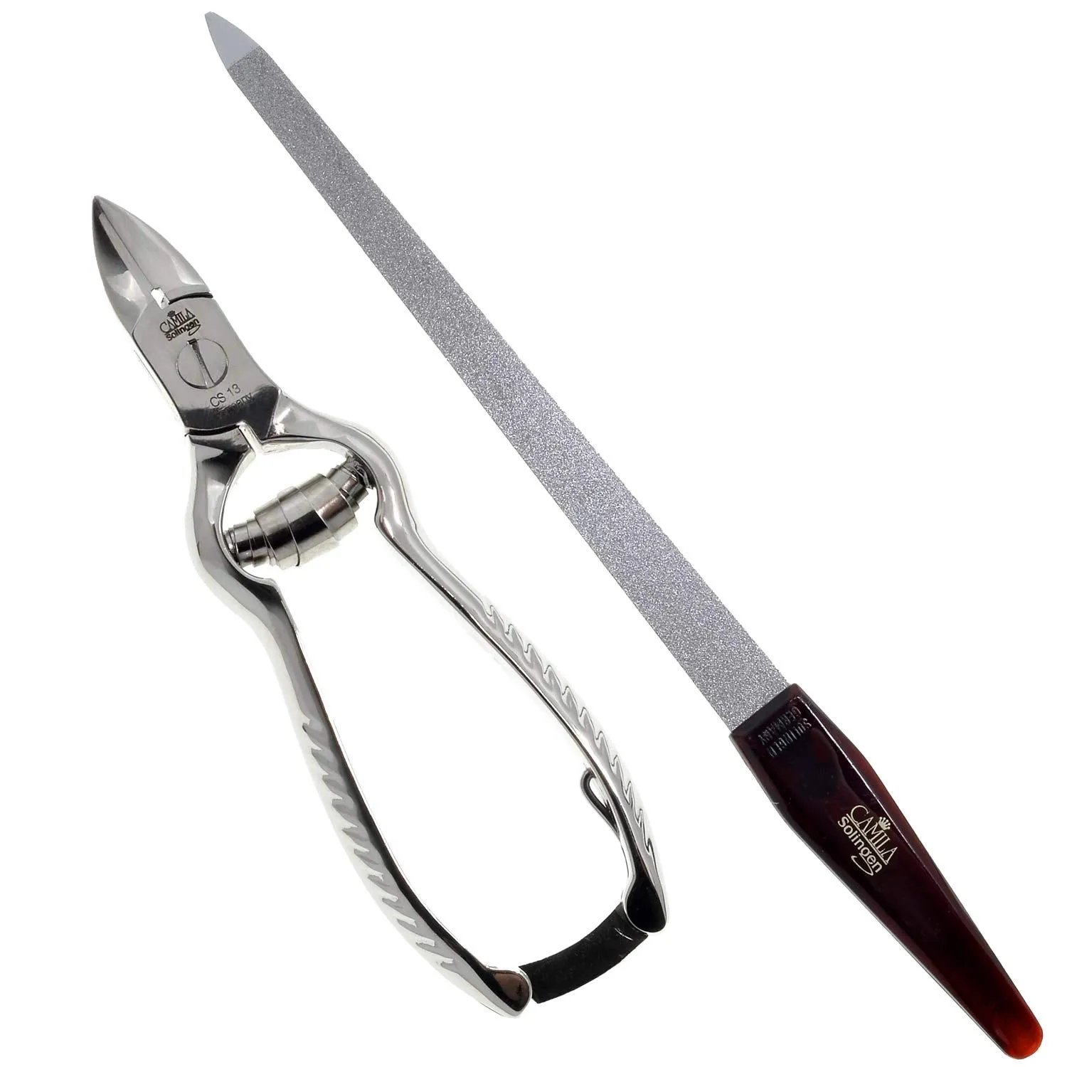 Camila Solingen Large Heavy Duty Toe Nail Clippers for Thick Nails & Large Professional Sapphire Metal Nail File (CS13  CS19 Nail File) Made in Solingen, Germany