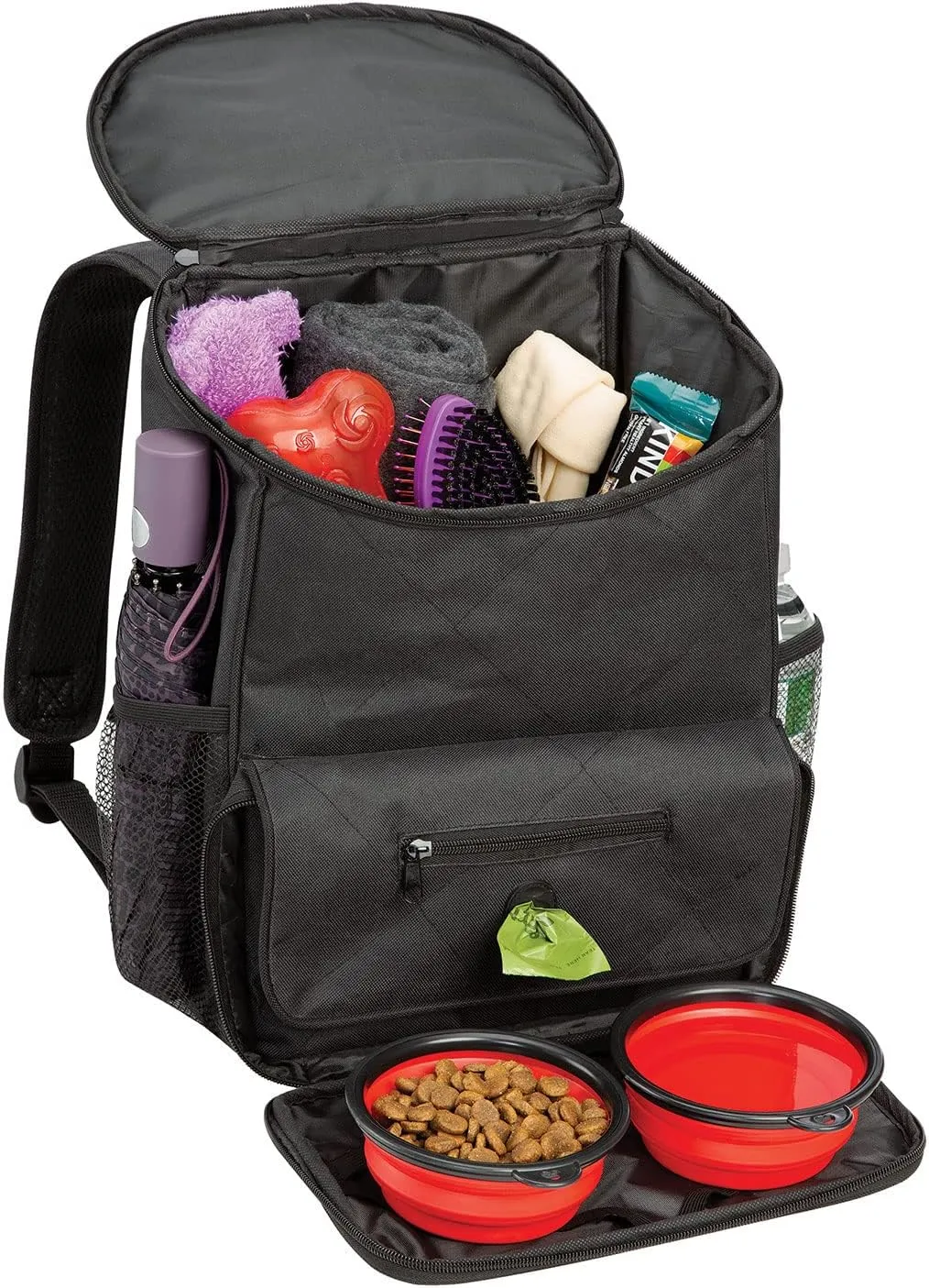 Etna Pet Supplies Travel Backpack - 5 Piece Cat Food Dog Food Storage Container Tote Bag, Black Travel Bag with Dog Food Container Set, Collapsible Dog Bowls, Dog Poop Bag Dispenser