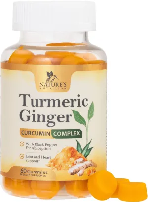 Turmeric Curcumin & Ginger Gummies 95% Curcuminoids with Black Pepper Extract for Max Absorption Joint Support, Nature's Tumeric Herbal Extract Supplement, Vegan Gummy Capsules, Non-GMO