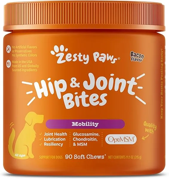 Zesty Paws Mobility Bites Dog Joint Supplement - Hip and Joint Chews for Dogs - Pet Products with Glucosamine, Chondroitin, & MSM   Vitamins C and E for Dog Joint Relief - Bacon – 90 Count in Pakistan